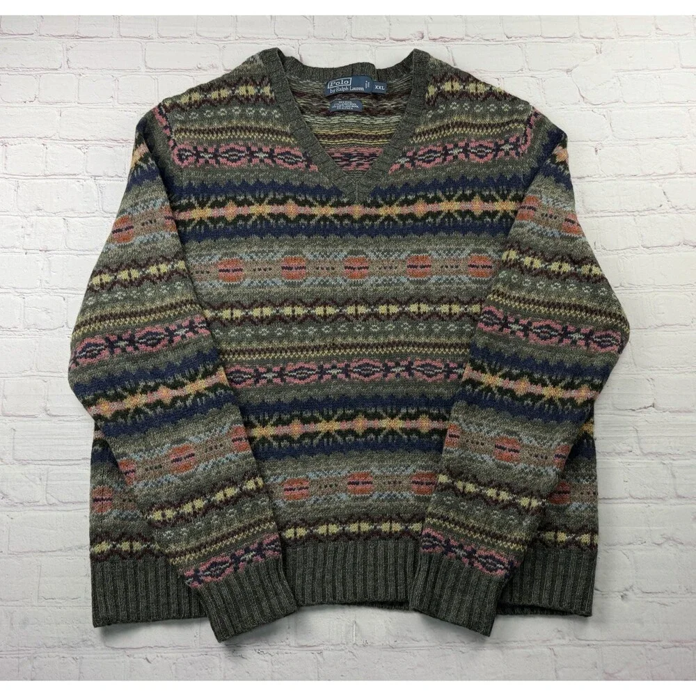 Polo Ralph Lauren Sz XXL Vintage Fair Isle Nordic Wool Knit V-Neck Sweater